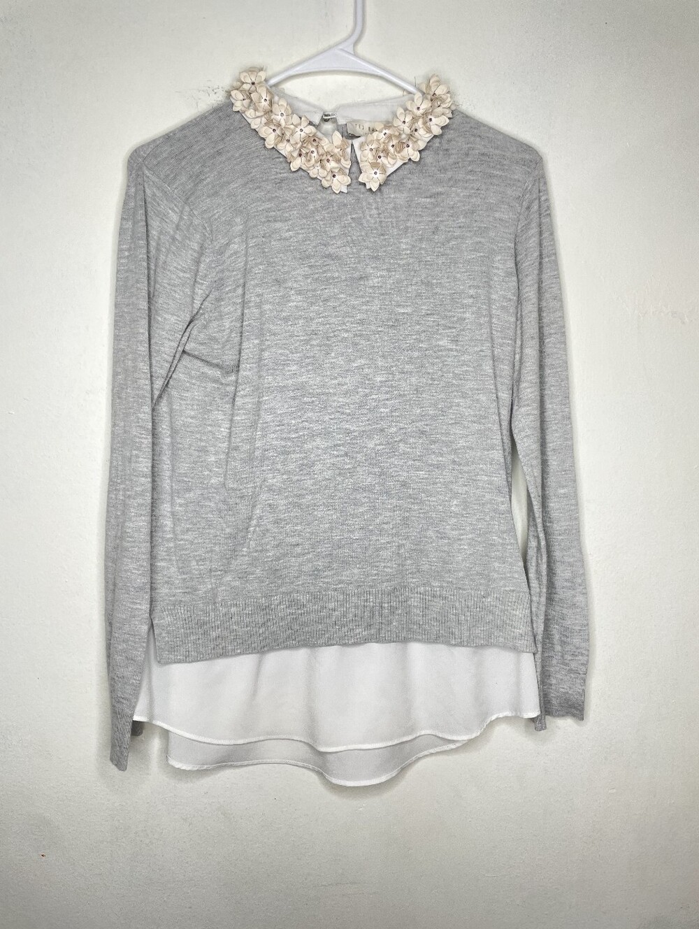 Ted Baker Light Gray Layered Sweater with Floral Collar